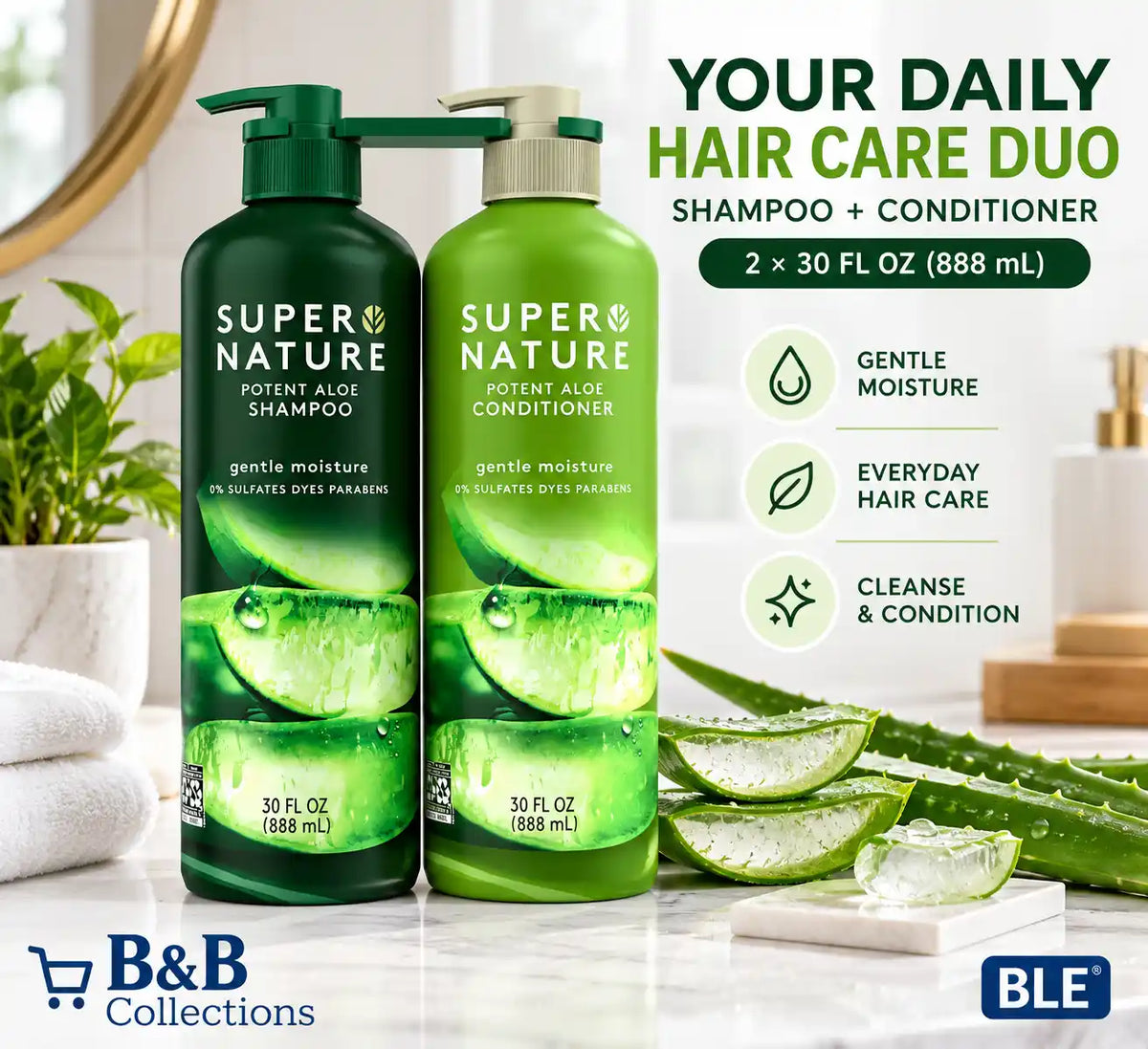 Super Nature Potent Aloe Shampoo & Conditioner Set, Gentle Moisture Hair Care, Sulfate-Free, Dye-Free & Paraben-Free, 30 fl oz Each, 2-Pack (60 fl oz Total)