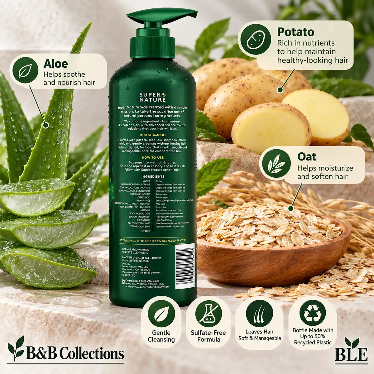 Super Nature Gentle Shampoo with Potato, Aloe & Oat, Sulfate-Free Hair Cleanser, Green Pump Bottle