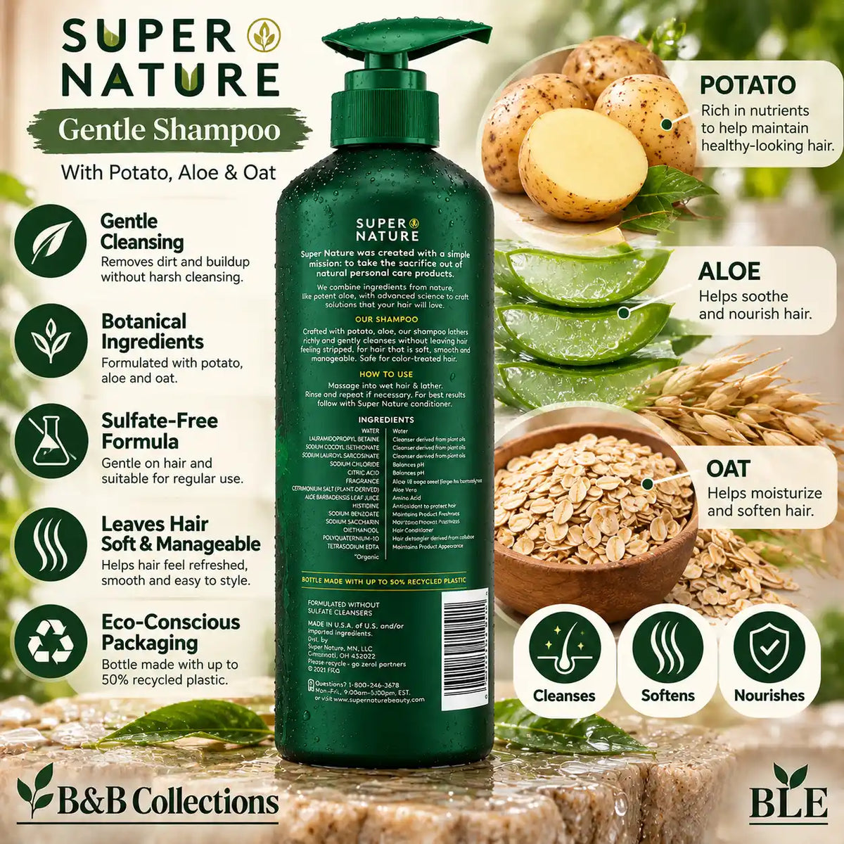 Super Nature Gentle Shampoo with Potato, Aloe & Oat, Sulfate-Free Hair Cleanser, Green Pump Bottle