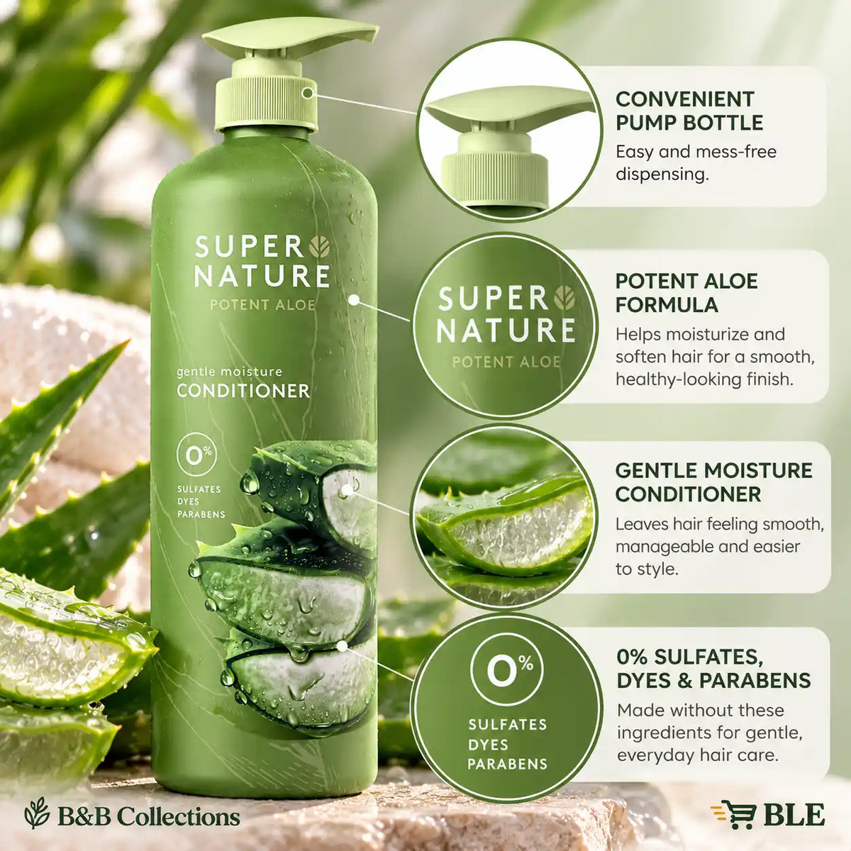 Super Nature Potent Aloe Gentle Moisture Conditioner, Sulfate-Free, Dye-Free & Paraben-Free, Aloe Vera Hair Care