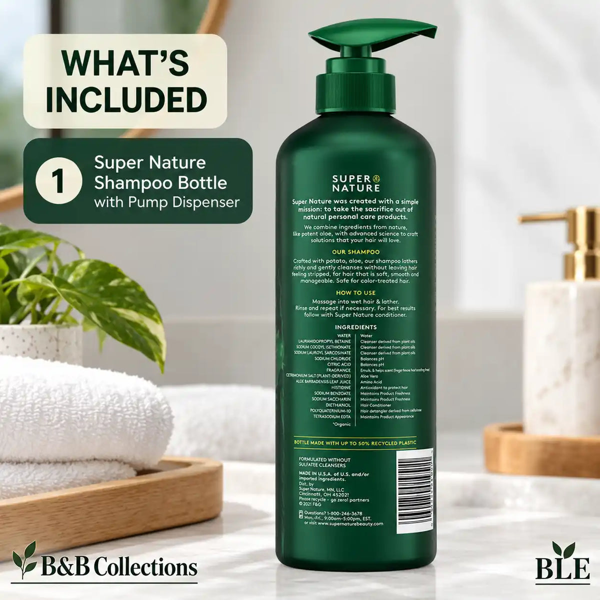 Super Nature Gentle Shampoo with Potato, Aloe & Oat, Sulfate-Free Hair Cleanser, Green Pump Bottle