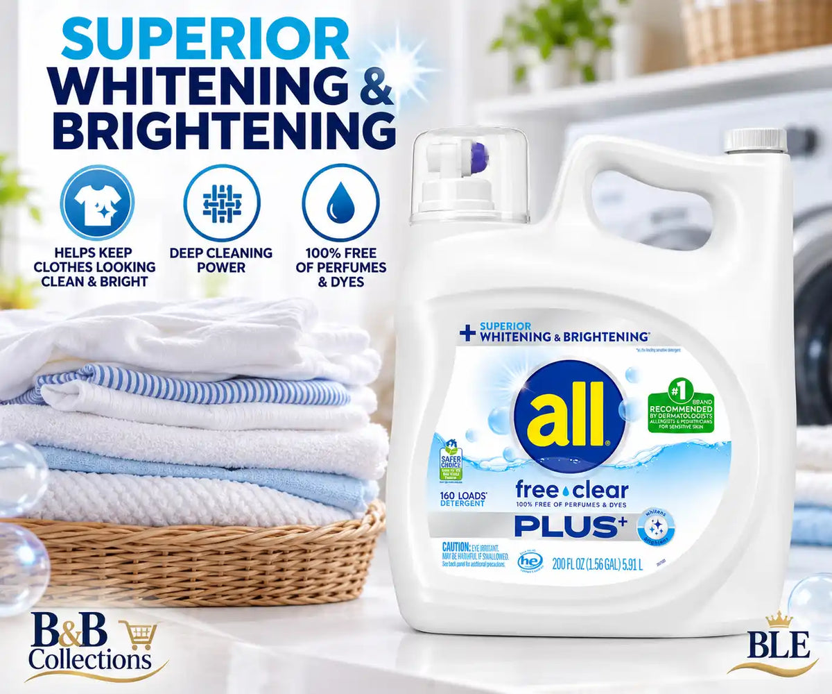 all Free Clear Plus+ Liquid Laundry Detergent, Unscented, 100% Free of Perfumes & Dyes, Superior Whitening & Brightening, Sensitive Skin, 160 Loads, 200 fl oz