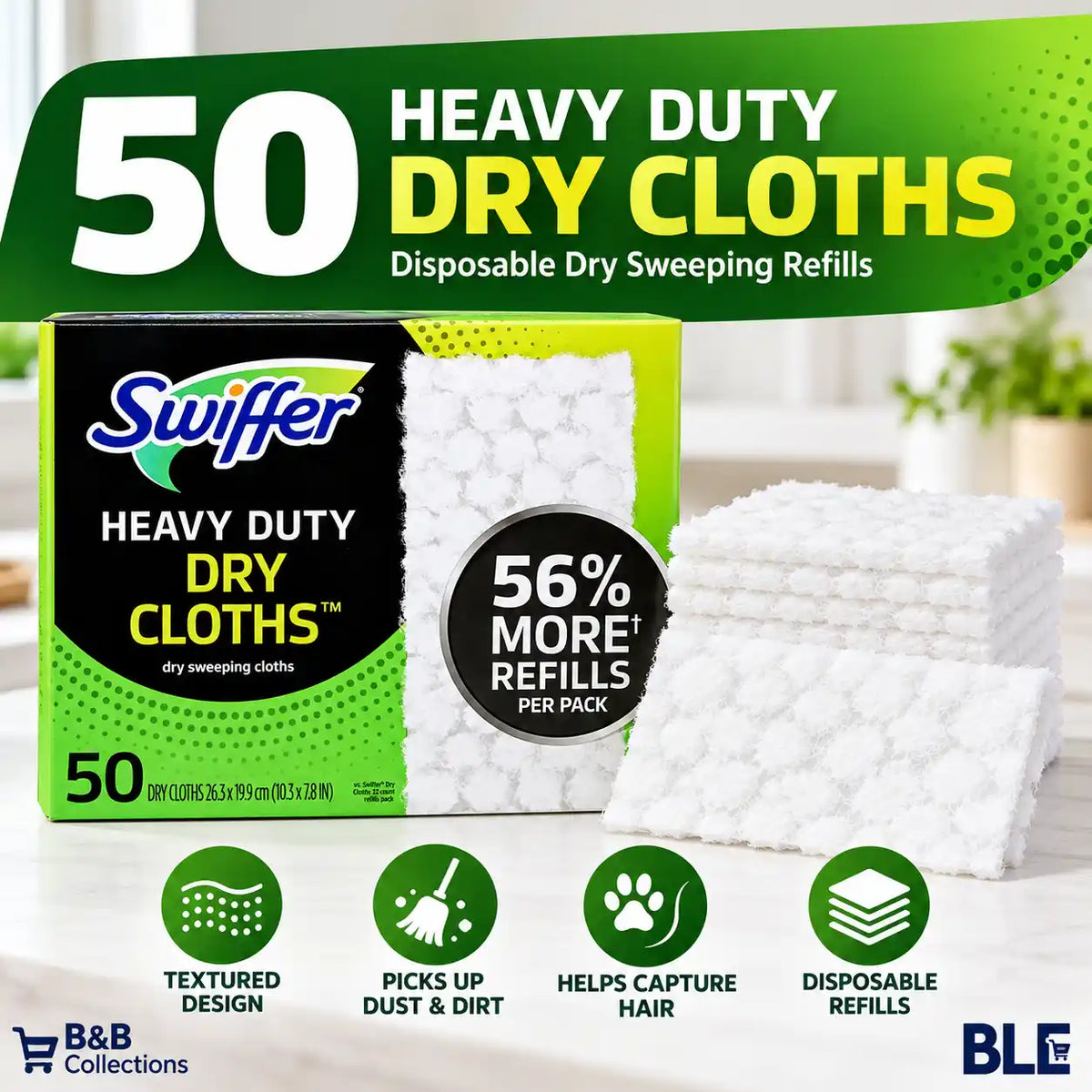 Swiffer Heavy Duty Dry Sweeping Cloth Refills, 50 Count, Textured Disposable Floor Cleaning Pads for Dust, Dirt & Hair