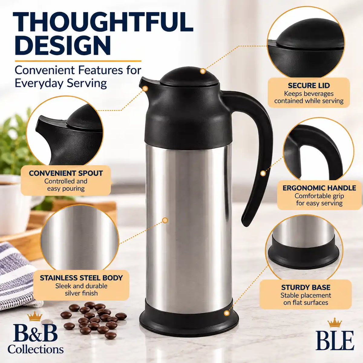 Stainless Steel Thermal Coffee Carafe, Insulated Coffee & Tea Server with Easy-Pour Spout and Ergonomic Handle, Silver & Black