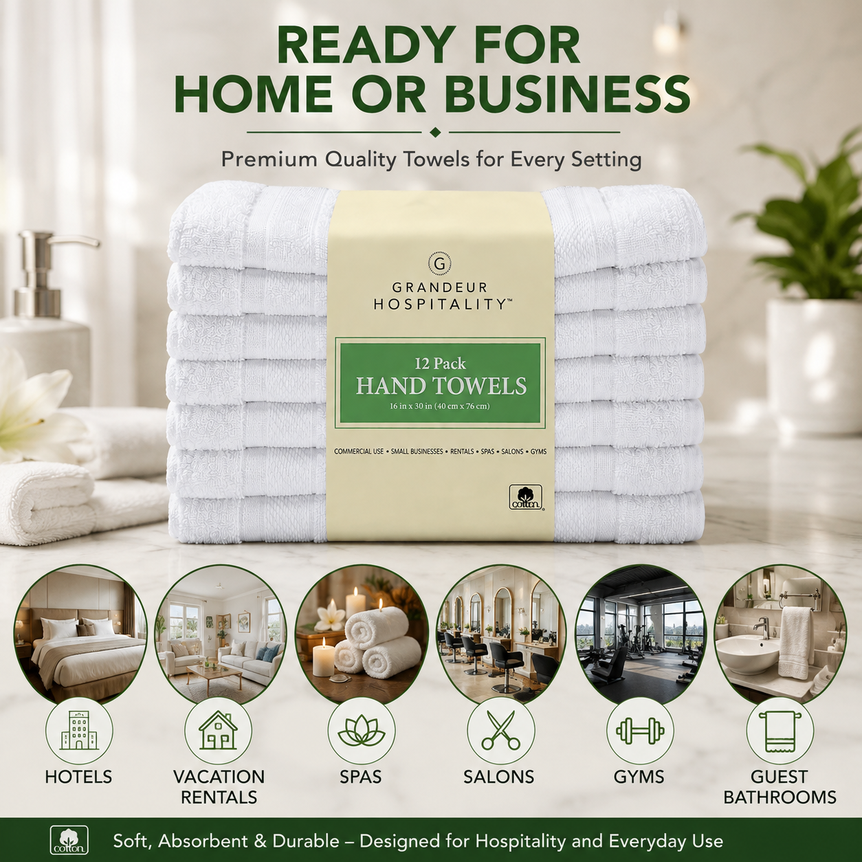 Grandeur Hospitality White Cotton Towels, Bath Towels, Hand Towels & Washcloths, Commercial Hospitality Collection