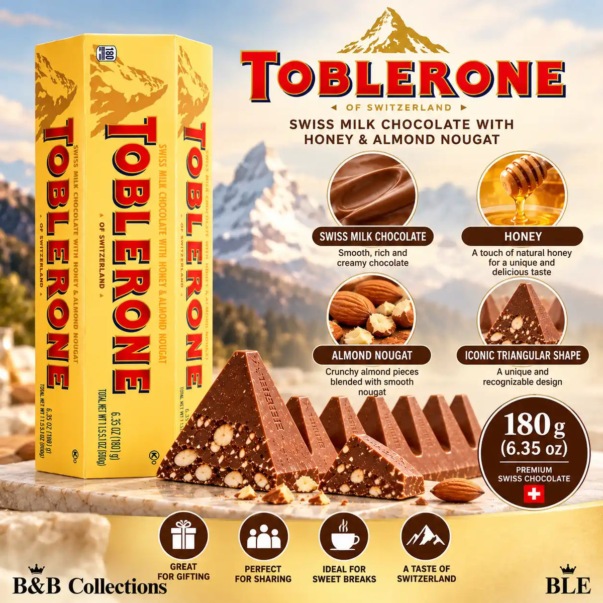 Toblerone Swiss Milk Chocolate with Honey & Almond Nougat, 180 g (6.35 oz), Premium Swiss Chocolate Bar
