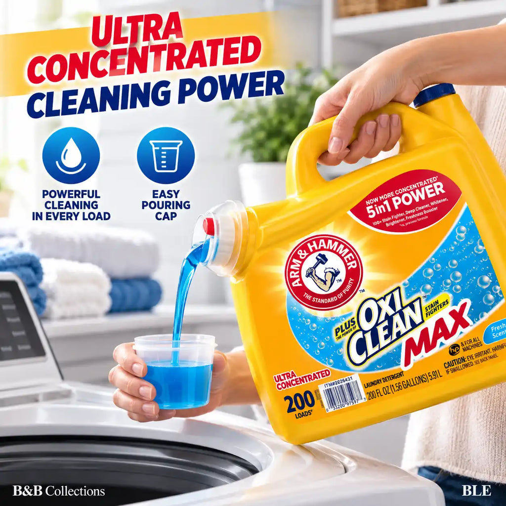 ARM & HAMMER Plus OxiClean MaAX Liquid Laundry Detergent, Fresh Scent, Ultra Concentrated 5-in-1 Power, 200 Loads, 200 fl oz