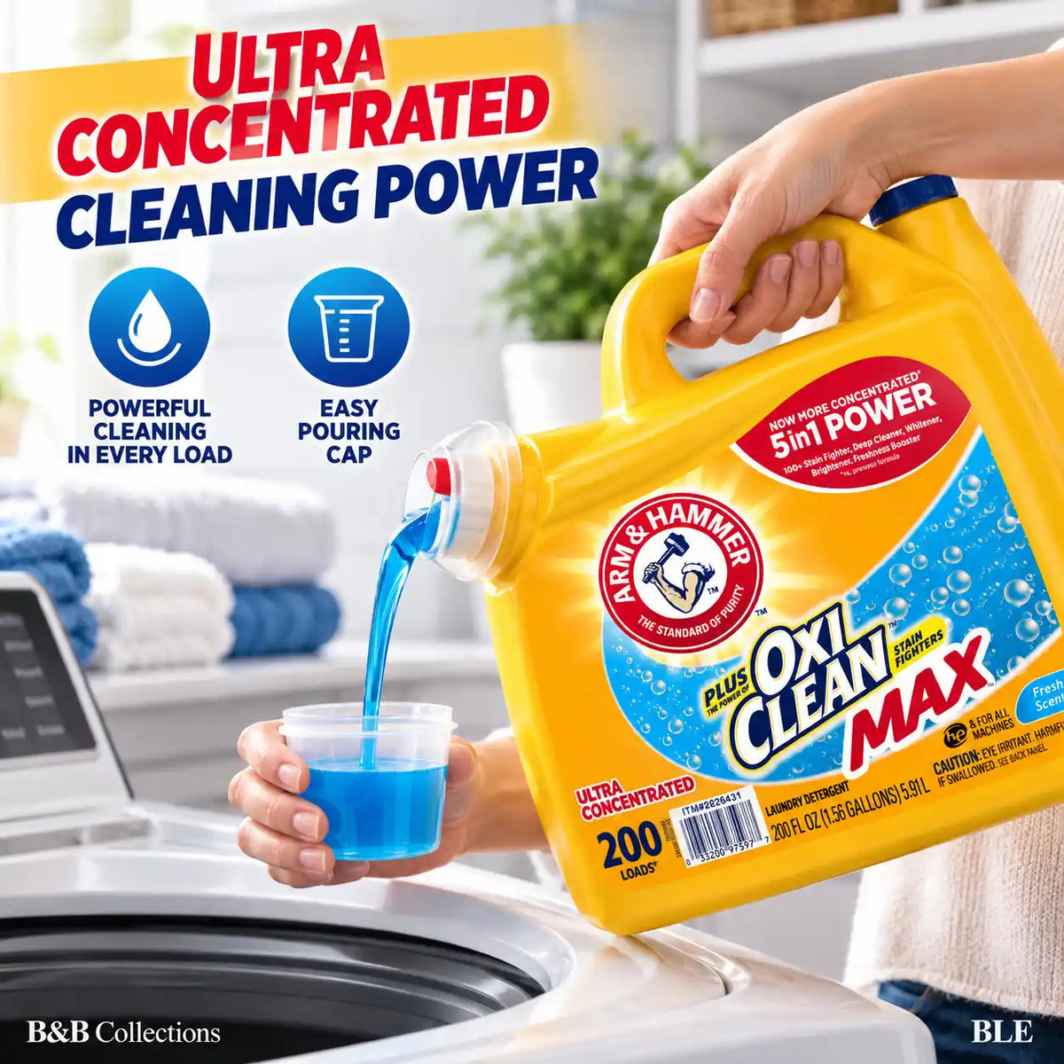 ARM & HAMMER Plus OxiClean MaAX Liquid Laundry Detergent, Fresh Scent, Ultra Concentrated 5-in-1 Power, 200 Loads, 200 fl oz