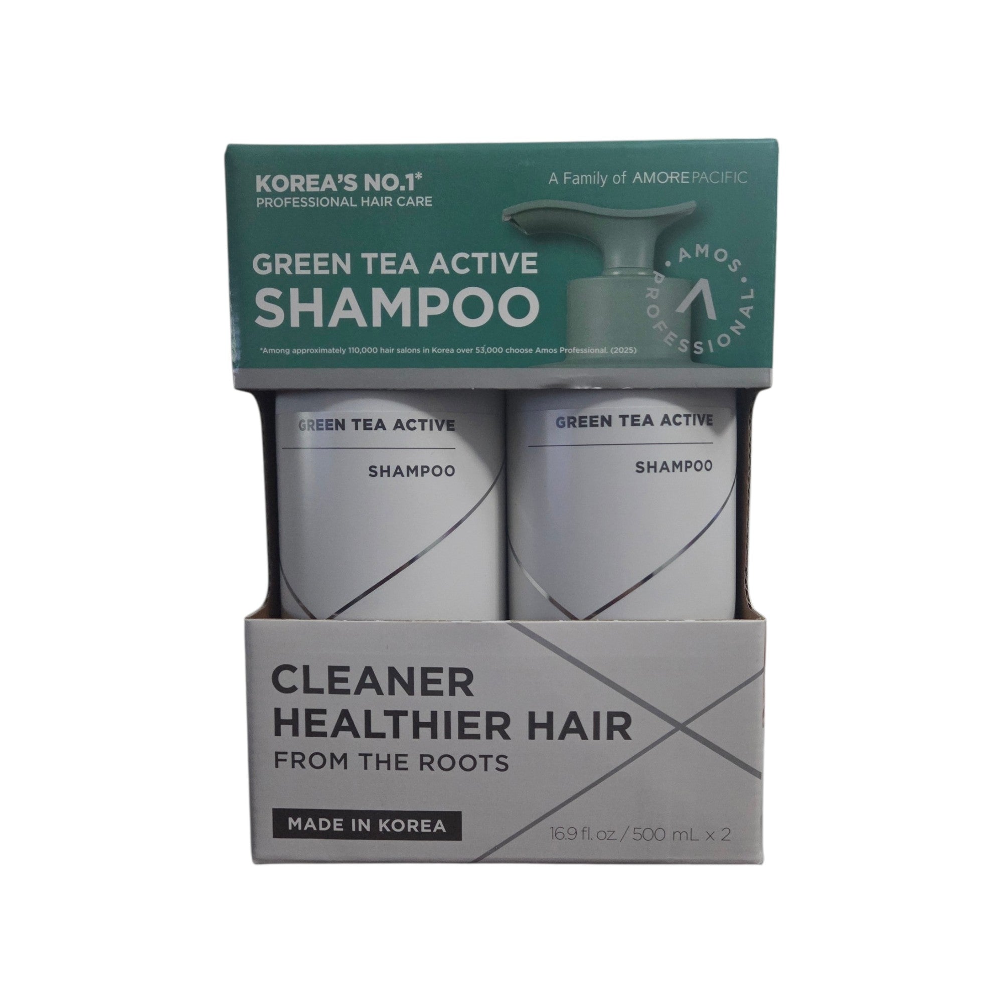 AMOS Professional Green Tea Active Shampoo 2-Pack 16.9 fl oz / 500mL – Scalp Care & Deep Cleansing Shampoo Made in Korea