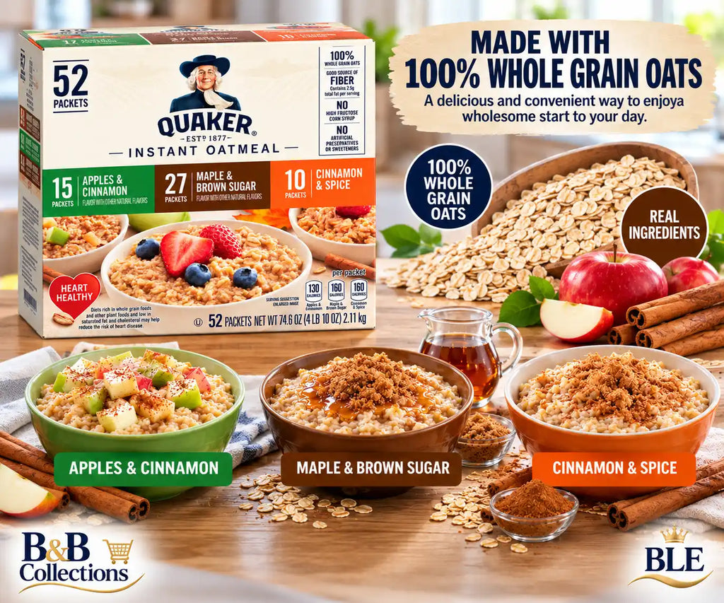Quaker Instant Oatmeal Variety Pack, 52 Individual Packets, Maple & Brown Sugar, Apples & Cinnamon, Cinnamon & Spice, 100% Whole Grain Oats, 74.6 oz