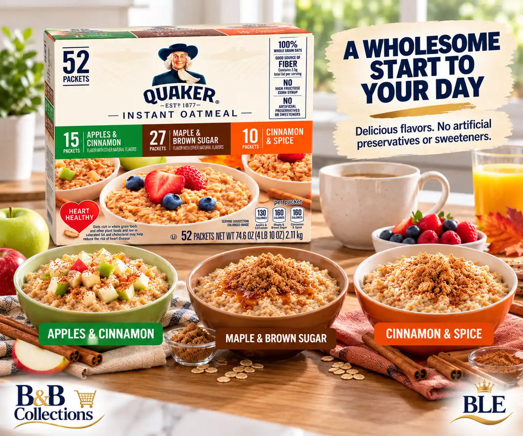 Quaker Instant Oatmeal Variety Pack, 52 Individual Packets, Maple & Brown Sugar, Apples & Cinnamon, Cinnamon & Spice, 100% Whole Grain Oats, 74.6 oz