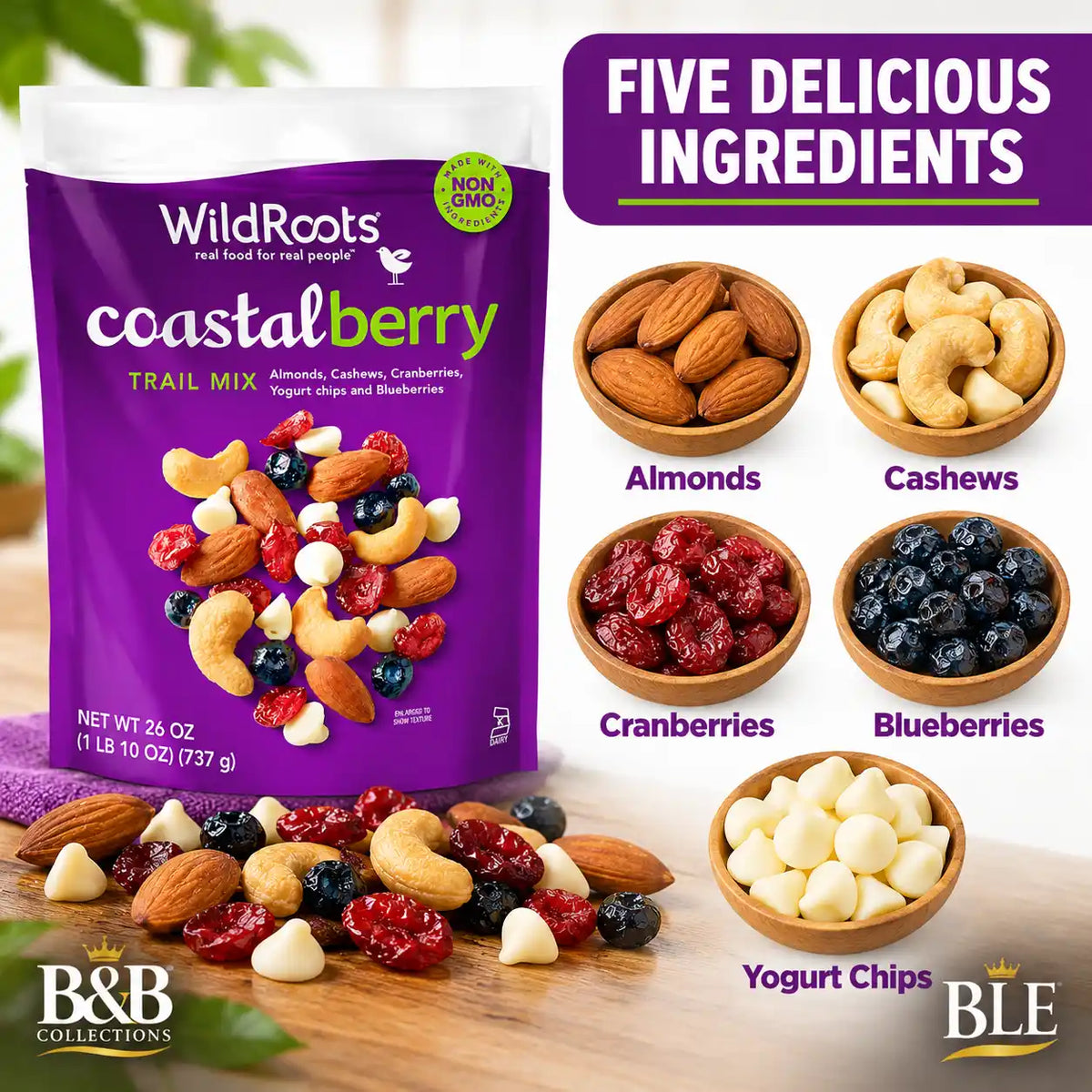 WildRoots Coastalberry Trail Mix, Almonds, Cashews, Cranberries, Blueberries & Yogurt Chips, Non-GMO Ingredients, 26 oz Resealable Bag