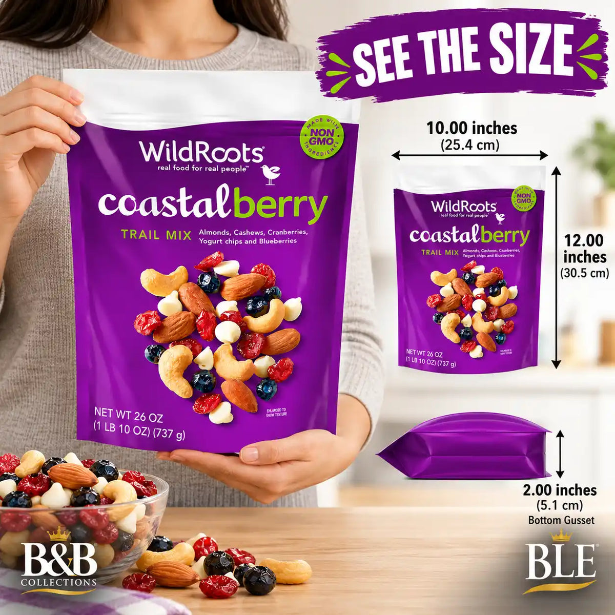 WildRoots Coastalberry Trail Mix, Almonds, Cashews, Cranberries, Blueberries & Yogurt Chips, Non-GMO Ingredients, 26 oz Resealable Bag
