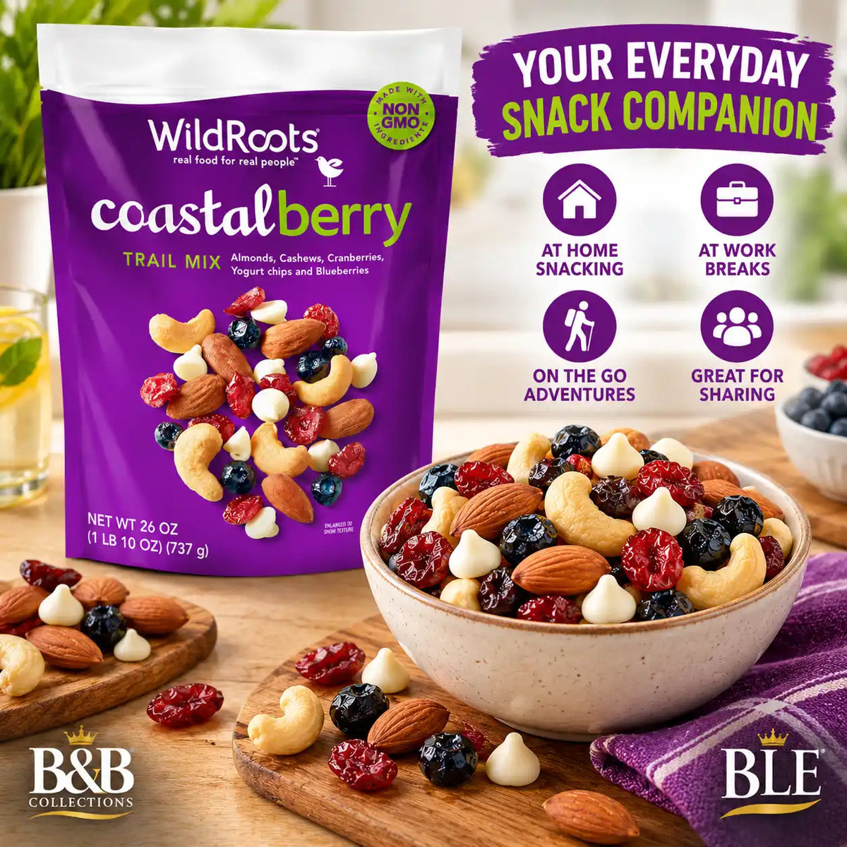 WildRoots Coastalberry Trail Mix, Almonds, Cashews, Cranberries, Blueberries & Yogurt Chips, Non-GMO Ingredients, 26 oz Resealable Bag