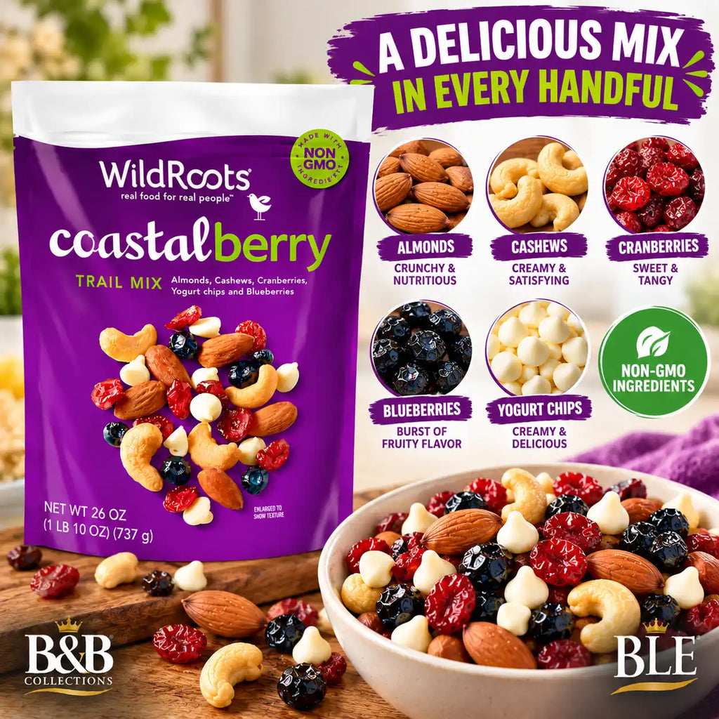 WildRoots Coastalberry Trail Mix, Almonds, Cashews, Cranberries, Blueberries & Yogurt Chips, Non-GMO Ingredients, 26 oz Resealable Bag