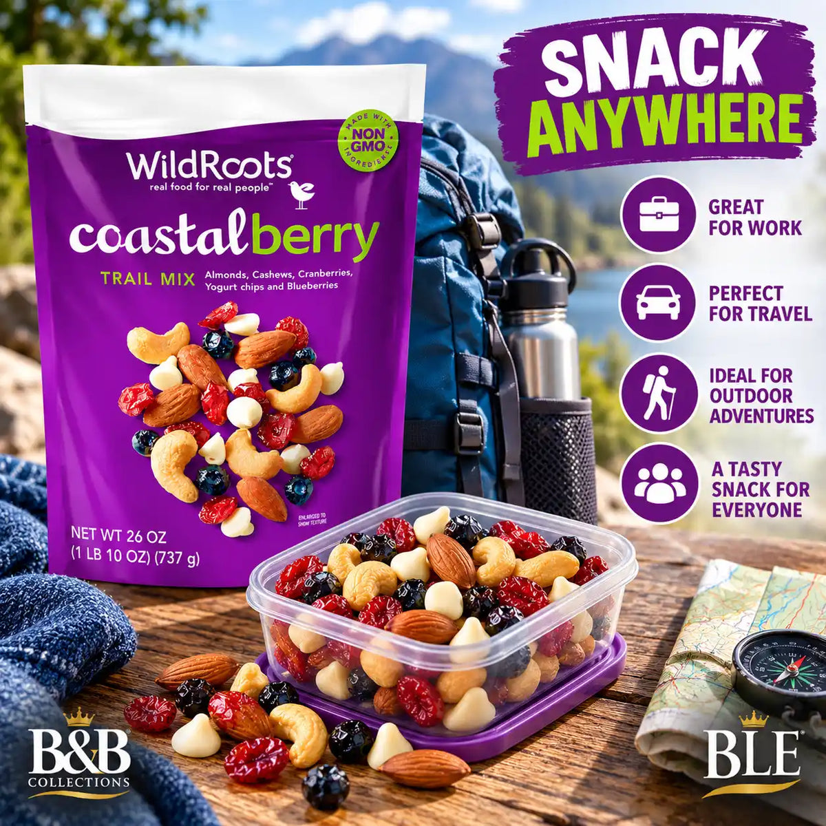 WildRoots Coastalberry Trail Mix, Almonds, Cashews, Cranberries, Blueberries & Yogurt Chips, Non-GMO Ingredients, 26 oz Resealable Bag
