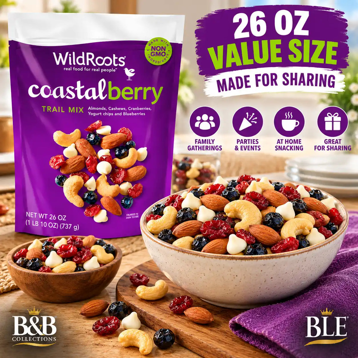 WildRoots Coastalberry Trail Mix, Almonds, Cashews, Cranberries, Blueberries & Yogurt Chips, Non-GMO Ingredients, 26 oz Resealable Bag