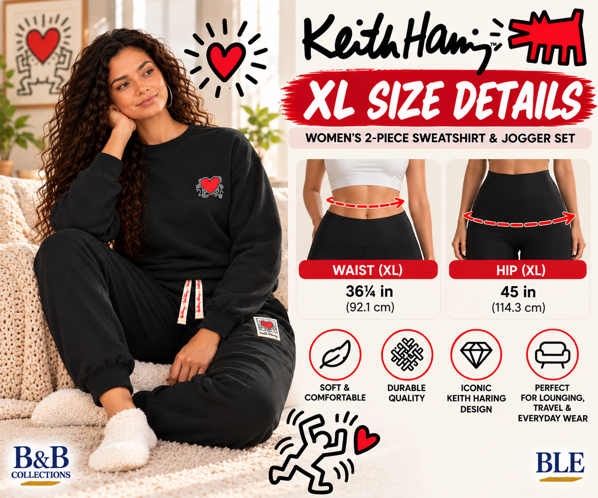 Keith Haring Women's 2-Piece Crewneck Sweatshirt & Jogger Fleece Lounge Set, Black, X-Large