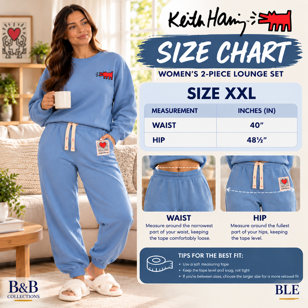 Keith Haring Women's 2-Piece Crewneck Sweatshirt & Jogger Fleece Lounge Set, Blue, XX-Large
