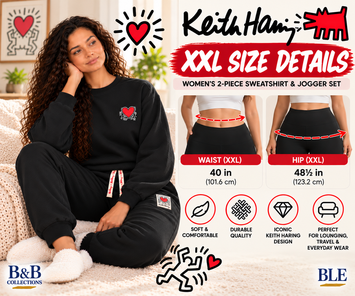 Keith Haring Women's 2-Piece Crewneck Sweatshirt & Jogger Fleece Lounge Set, Black, XX-Large