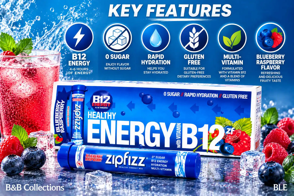 Zipfizz Healthy Energy Drink Mix, Blueberry Raspberry Flavor, Vitamin B12, Zero Sugar, Rapid Hydration, Gluten Free