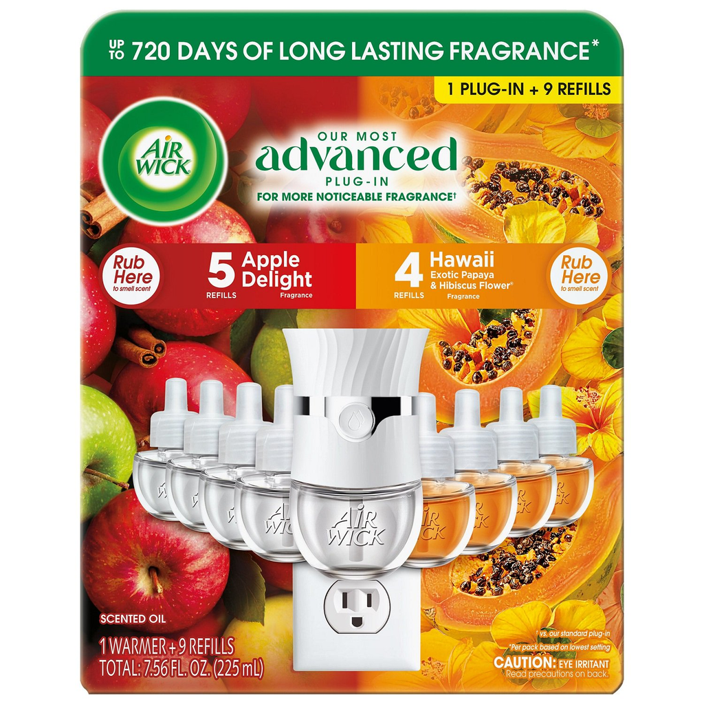 Air Wick Plug In Scented Oil Air Freshener Starter Kit, 1 Warmer + 9 Refills, Essential Oils, Up to 720 Days Fragrance, Variety Pack, 7.56 fl oz (225 mL)