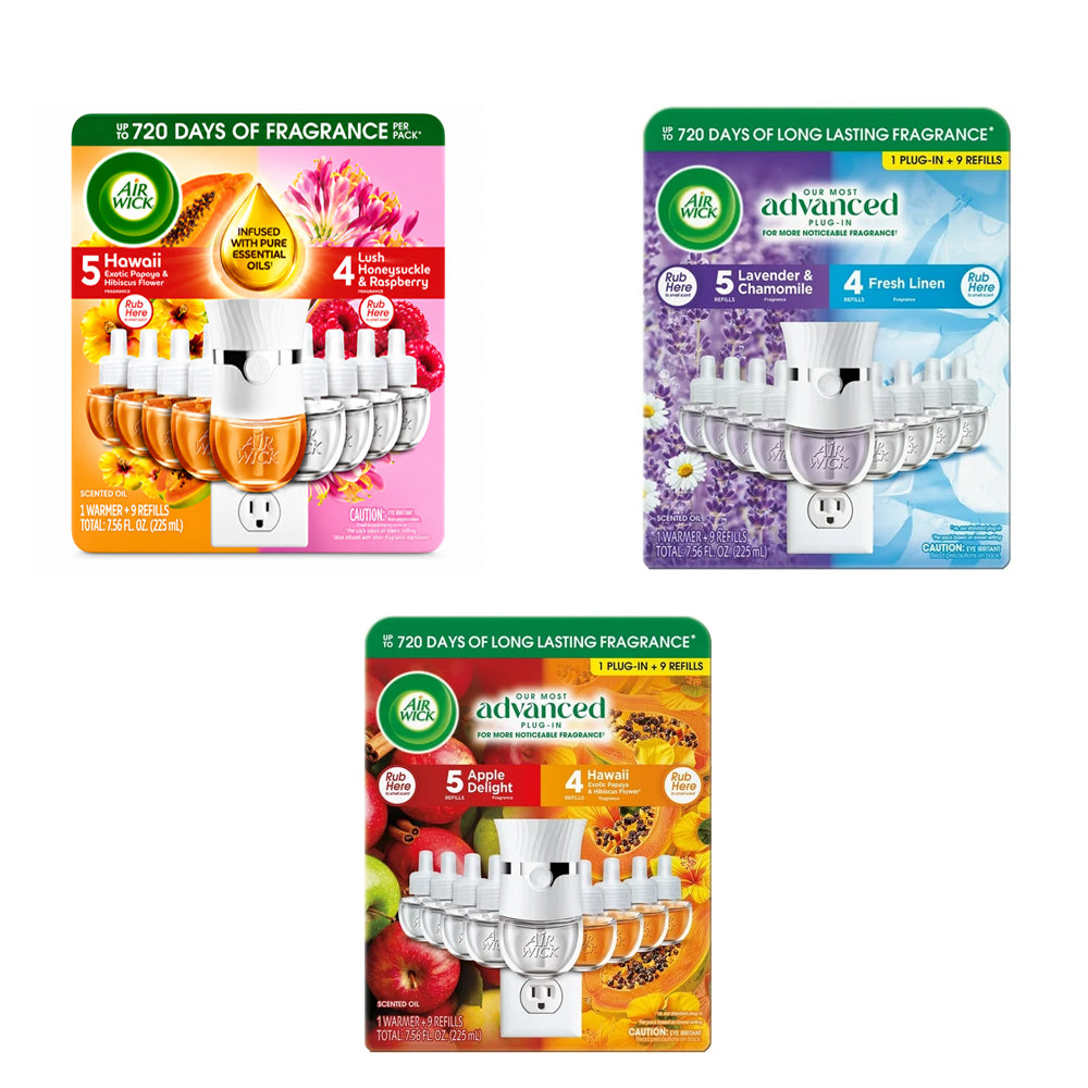 Air Wick Plug In Scented Oil Air Freshener Starter Kit, 1 Warmer + 9 Refills, Essential Oils, Up to 720 Days Fragrance, Variety Pack, 7.56 fl oz (225 mL)