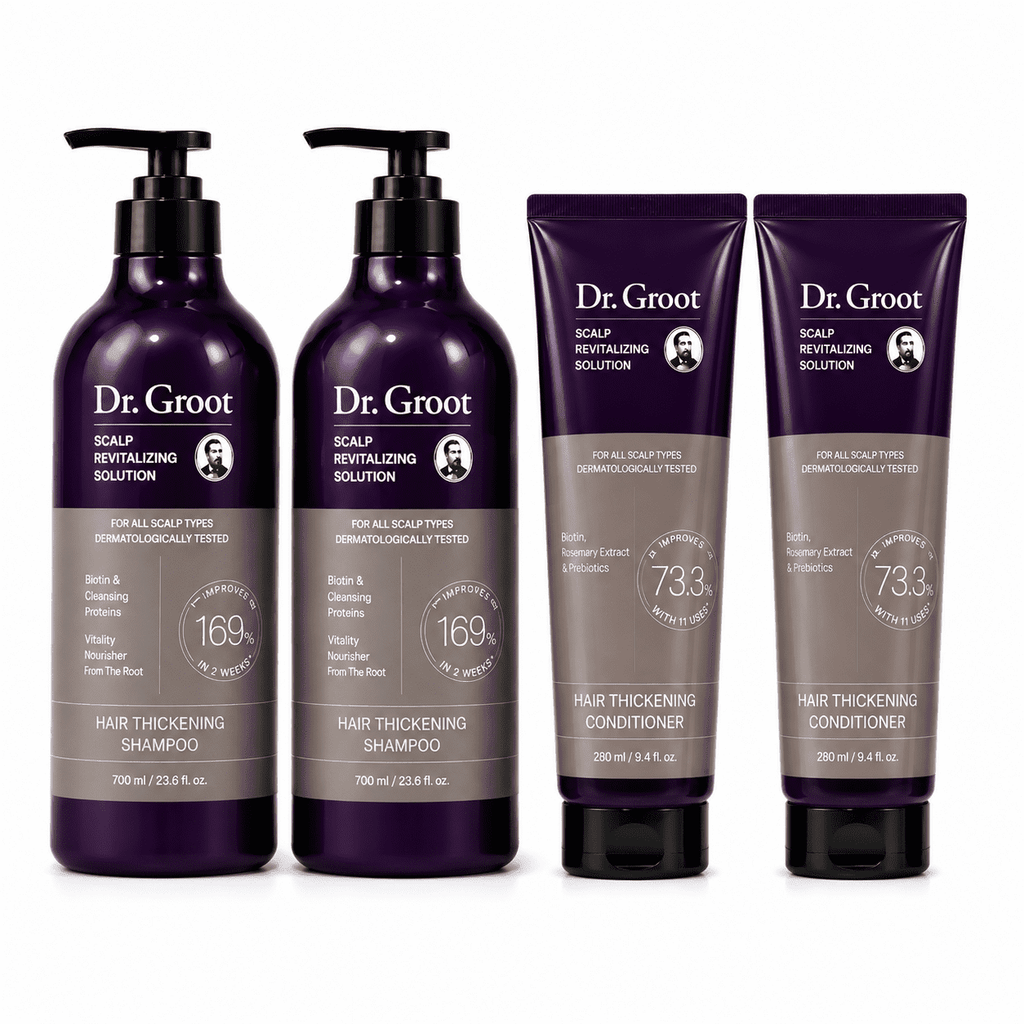 Dr. Groot Hair Thickening Shampoo & Conditioner Set, Scalp Revitalizing Hair Care System, 2 Shampoo Bottles + 2 Conditioner Tubes, Biotin & Rosemary Extract, For All Hair Types