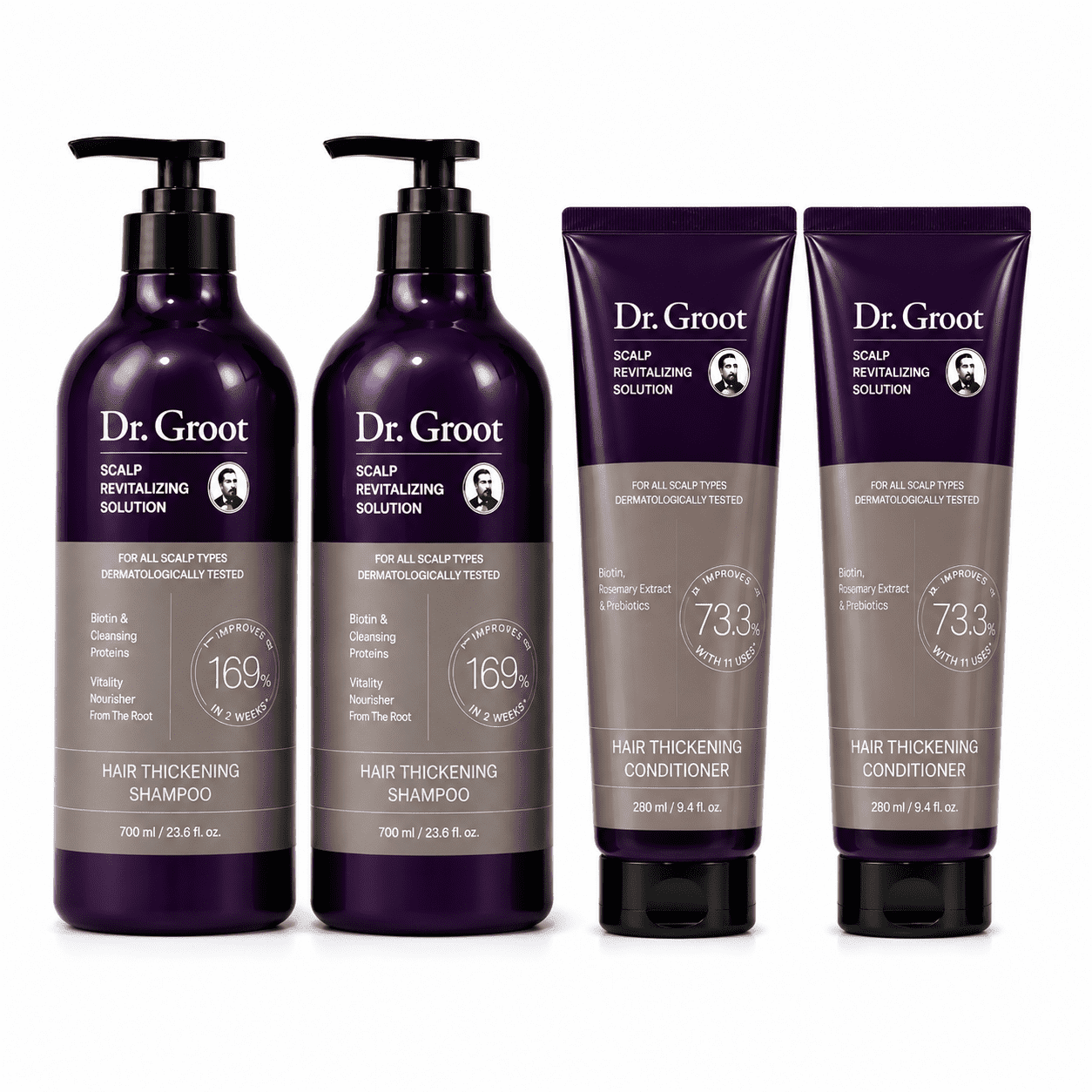 Dr. Groot Hair Thickening Shampoo & Conditioner Set, Scalp Revitalizing Hair Care System, 2 Shampoo Bottles + 2 Conditioner Tubes, Biotin & Rosemary Extract, For All Hair Types