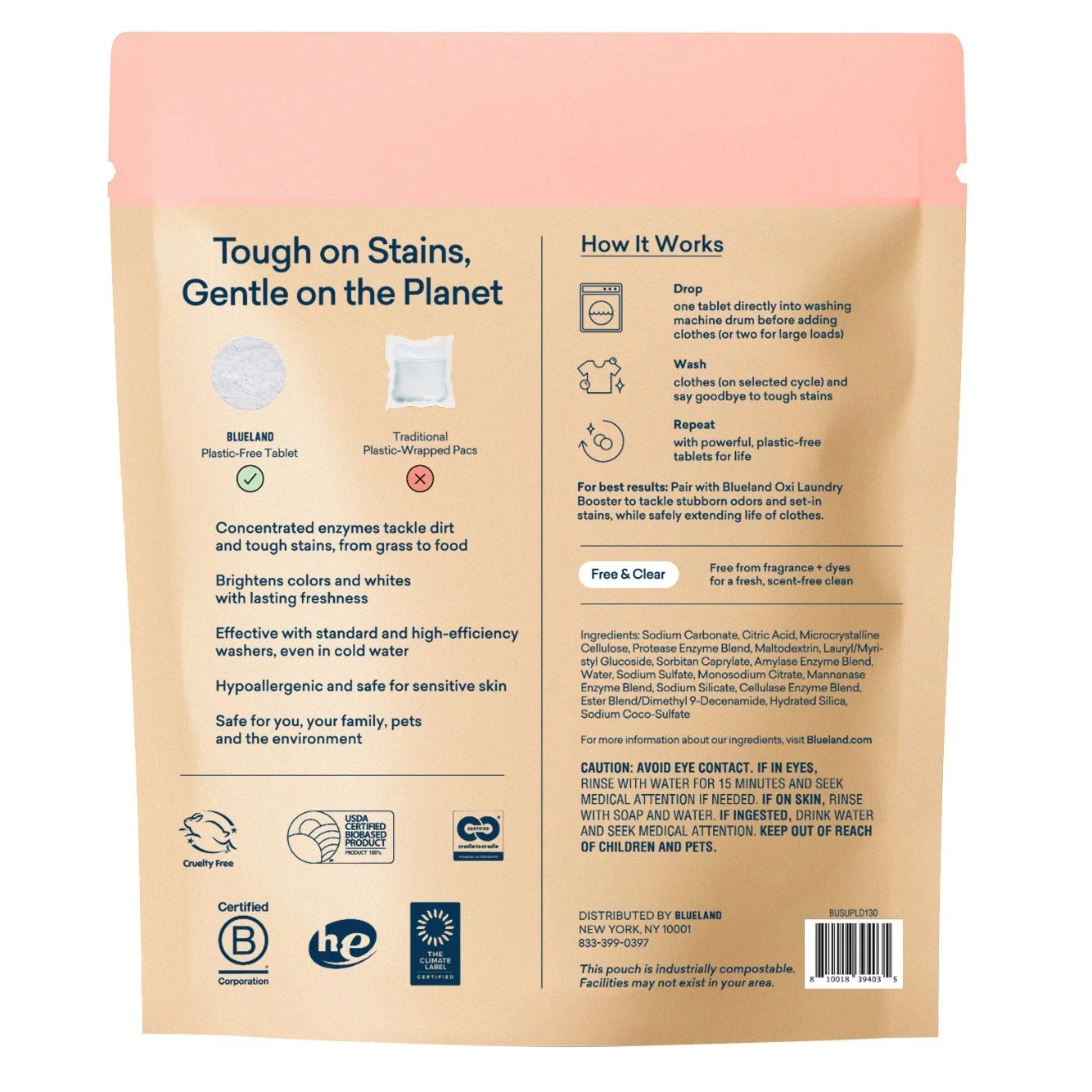 Blueland Laundry Detergent Tablets, Free & Clear, Plastic-Free Laundry Detergent, Hypoallergenic, HE Compatible, Cold Water Clean, 130 Tablets