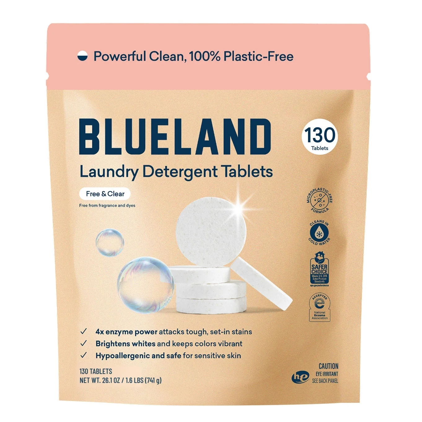 Blueland Laundry Detergent Tablets, Free & Clear, Plastic-Free Laundry Detergent, Hypoallergenic, HE Compatible, Cold Water Clean, 130 Tablets
