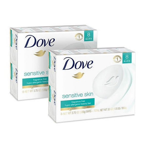 Dove Sensitive Skin Beauty Bar Soap, Fragrance-Free, Hypoallergenic with 1/4 Moisturizing Cream, Gentle Face, Body & Hand Cleanser, 3.75 oz Bars, 16 Count