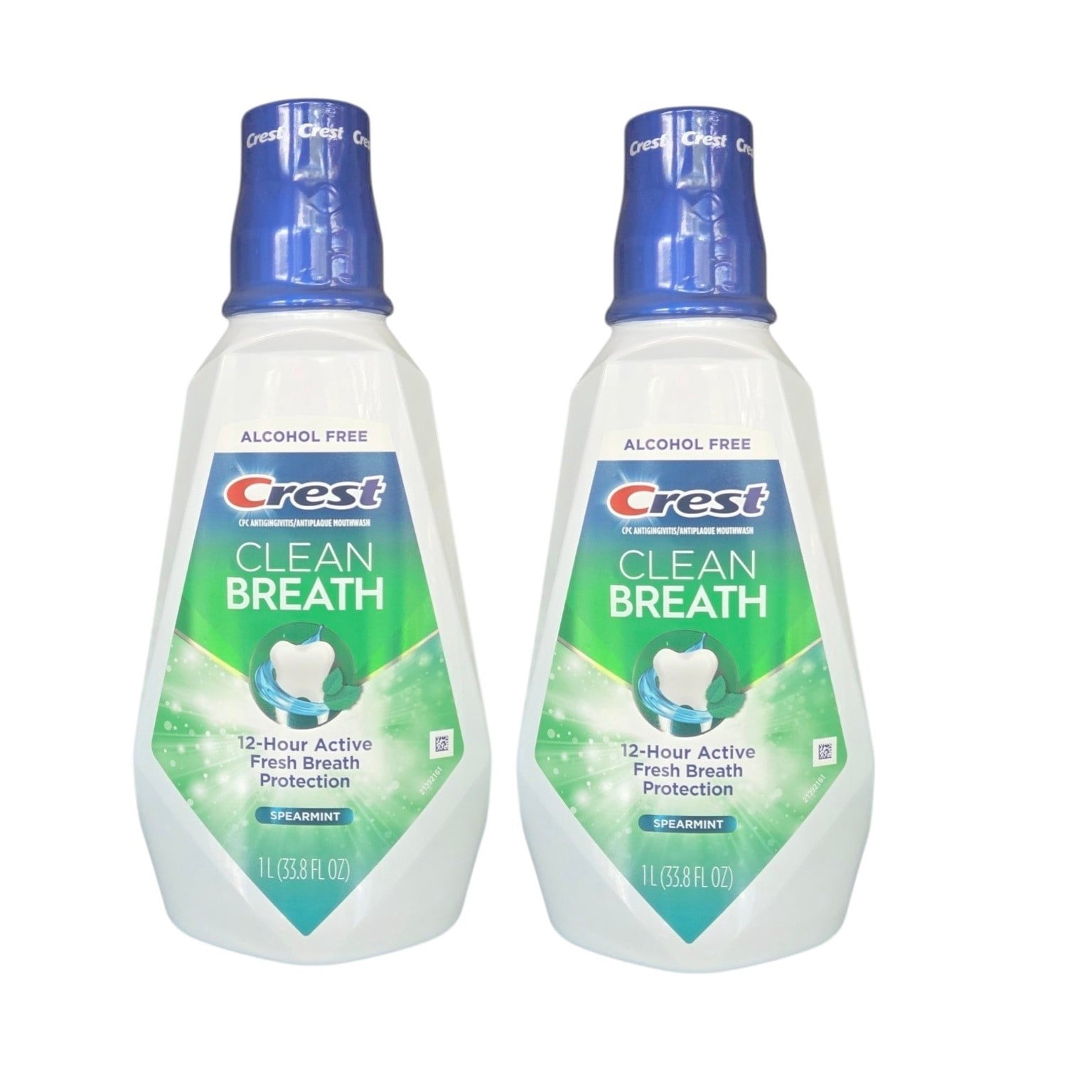 Crest Clean Breath Alcohol-Free Mouthwash, Spearmint Fresh, 1L (33.8 fl oz) Each, 2 Pack, Long-Lasting Fresh Breath Protection