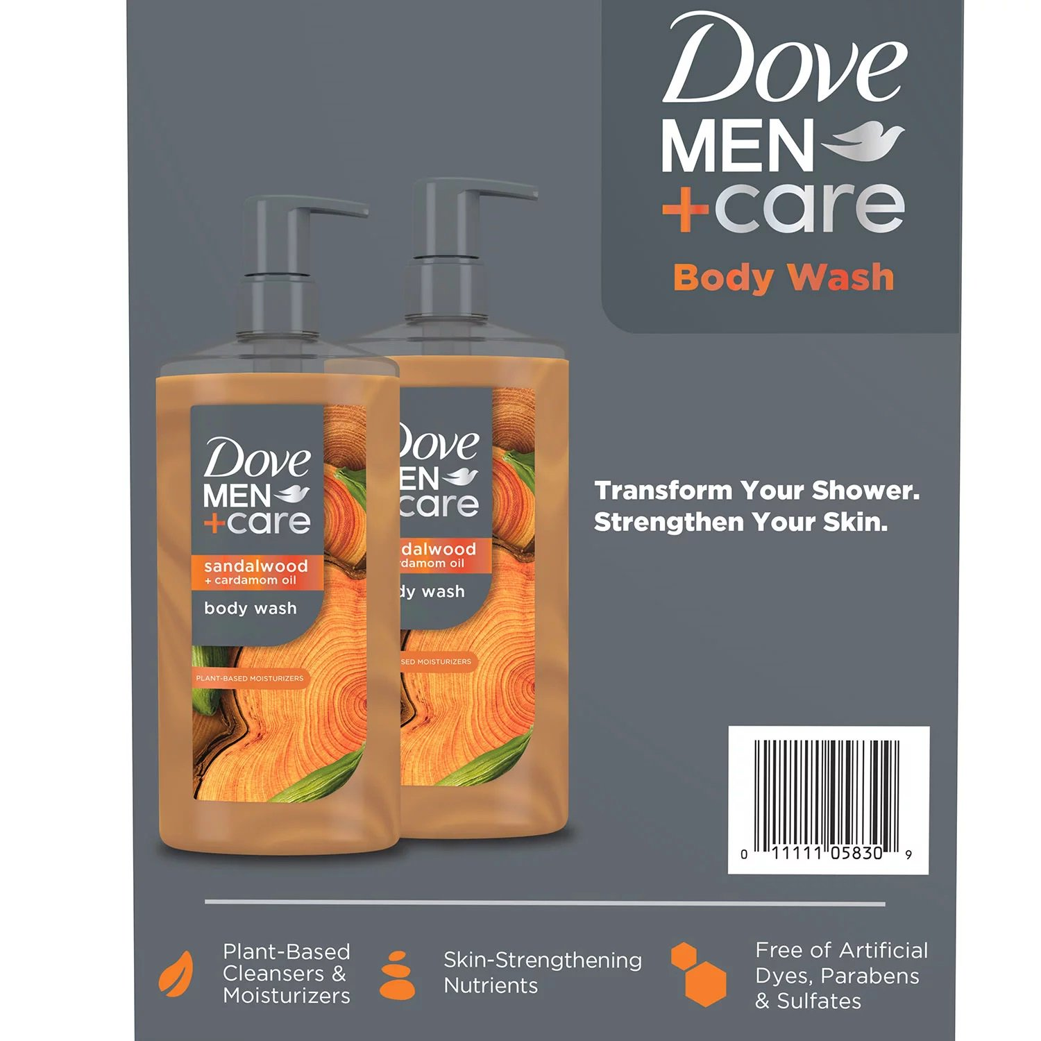 Dove Men+Care Sandalwood + Cardamom Oil Body Wash for Men, 26 fl oz Bottles, Pack of 2, Hydrating Plant-Based Body Wash with Essential Oils