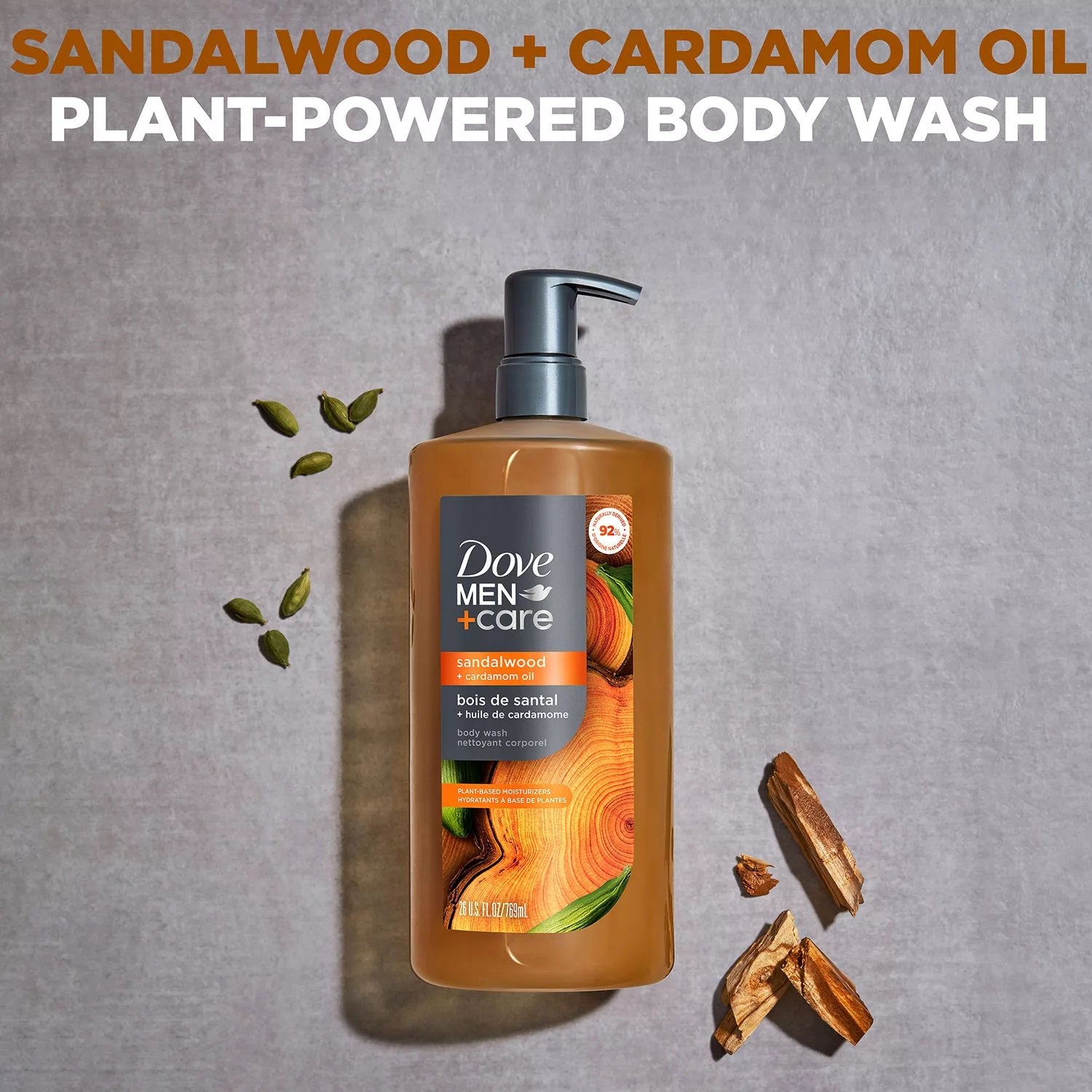 Dove Men+Care Sandalwood + Cardamom Oil Body Wash for Men, 26 fl oz Bottles, Pack of 2, Hydrating Plant-Based Body Wash with Essential Oils