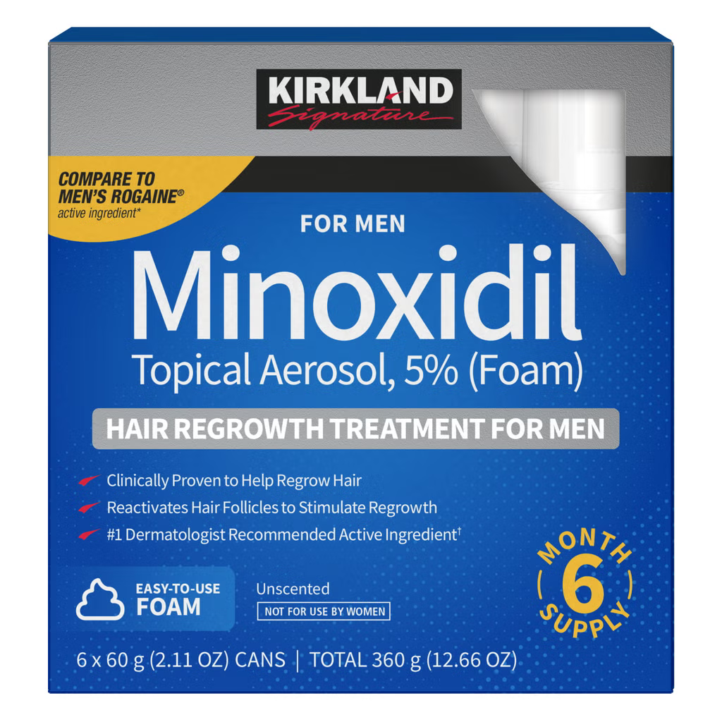 Kirkland Signature Minoxidil 5% Hair Regrowth Treatment for Men, 6-Month Supply, Unscented Foam or Topical Solution