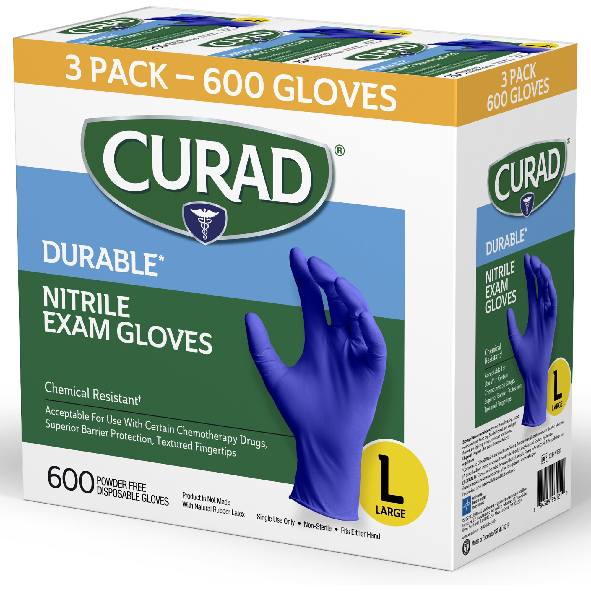 CURAD Durable Nitrile Exam Gloves, Powder-Free, Chemical Resistant, Textured Fingertips, Disposable Medical Gloves, 3 Pack (600 Gloves), Small / Medium / Large