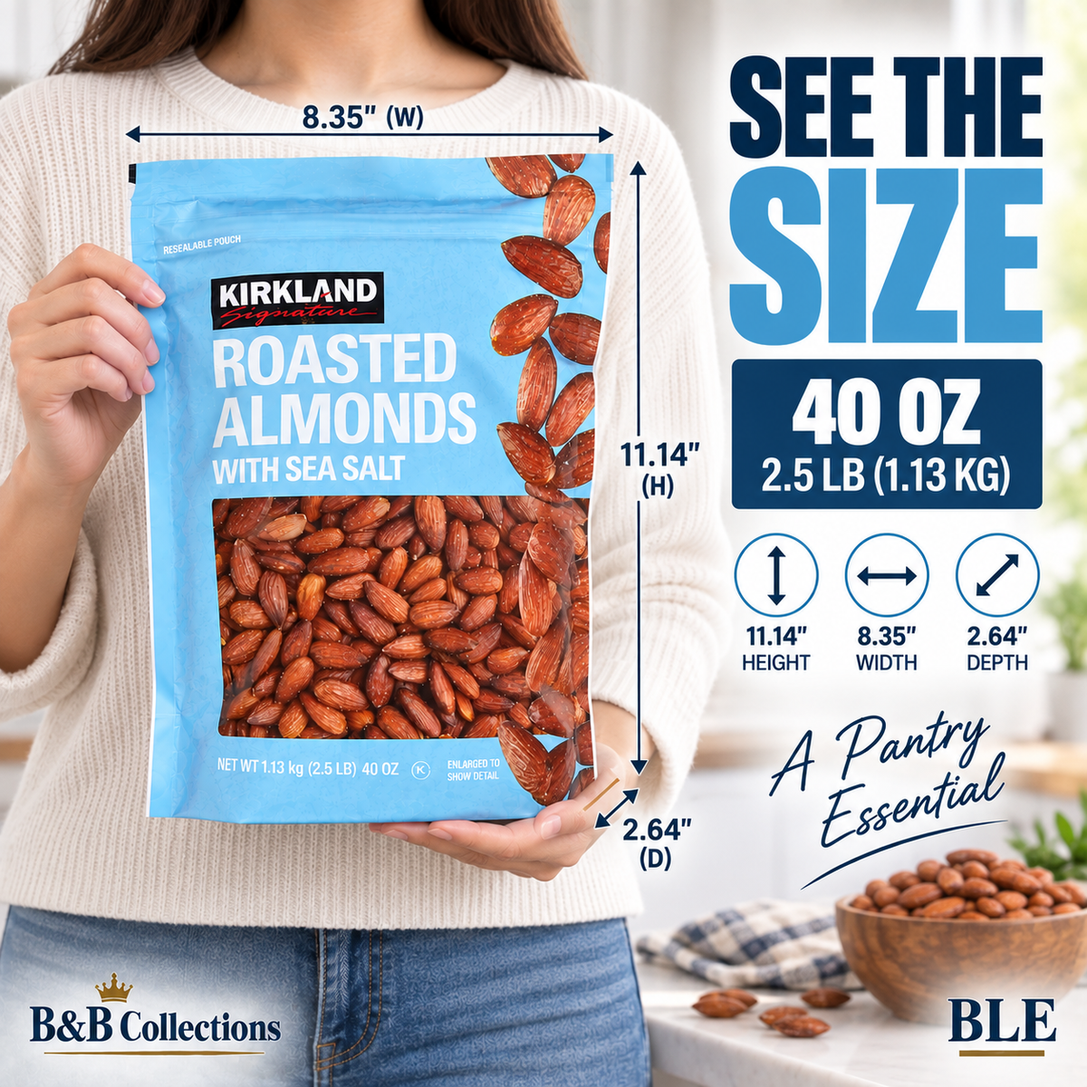 Kirkland Signature Roasted Almonds with Sea Salt, Resealable Pouch, 40 oz (2.5 lb)