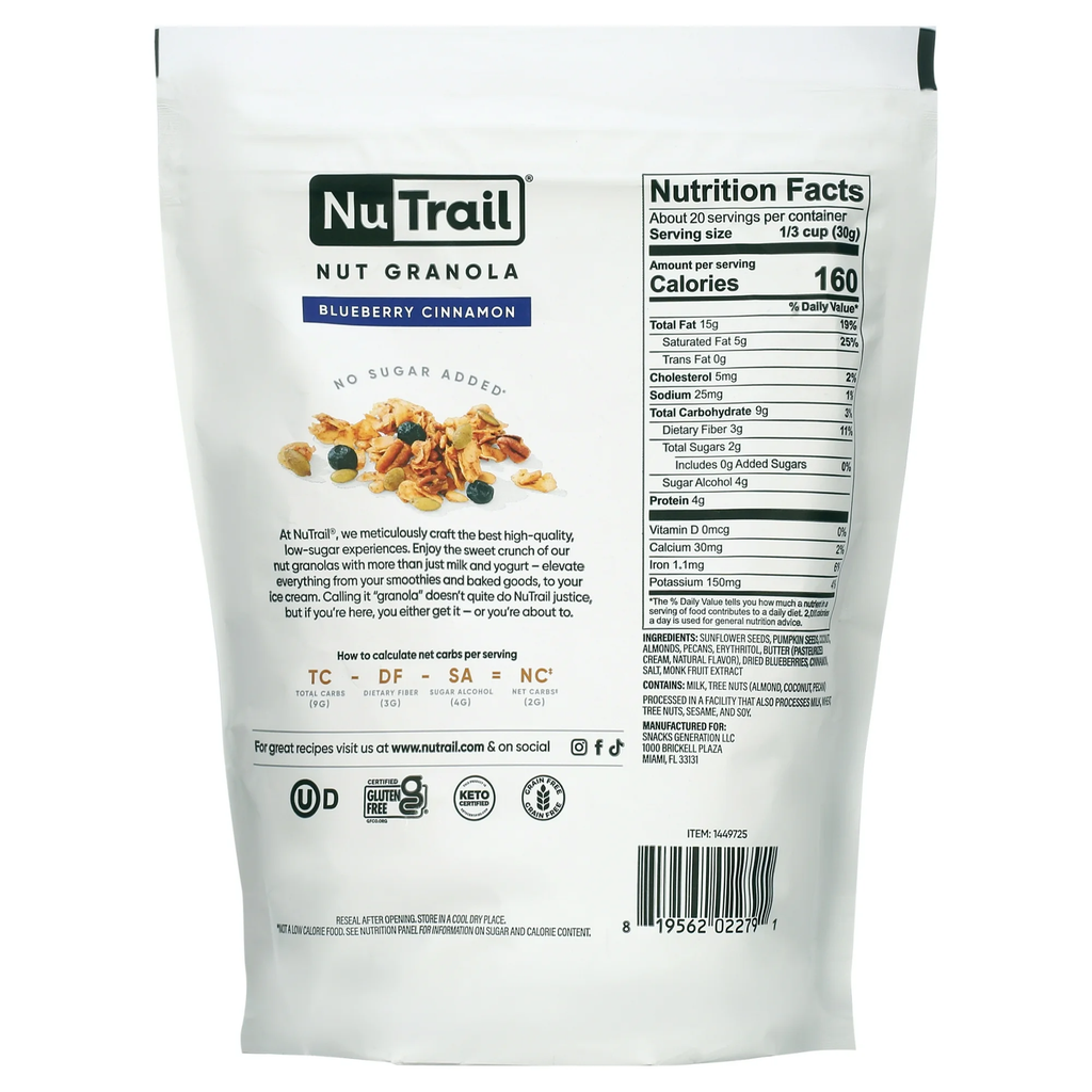 NuTrail Low Karb Keto Blueberry Cinnamon Nut Granola Healthy Breakfast Cereal, 22 Ounce