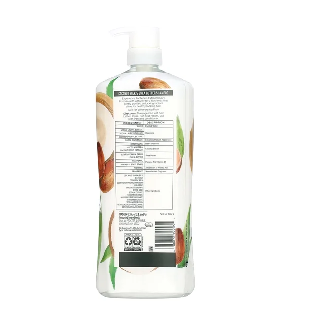 Pantene Pro-V Nourishing Shampoo, Coconut Milk & Shea Butter, 38.2 fl oz, Moisturizing Shampoo for Wavy & Curly Hair, Paraben, Dye & Mineral Oil Free