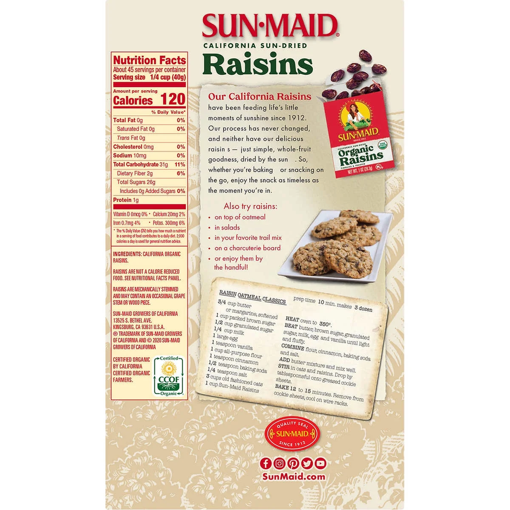 Sun-Maid Organic Raisins, 2 lb Resealable Bag, 100% Natural California Thompson Seedless Raisins, USDA Organic Dried Fruit Snack