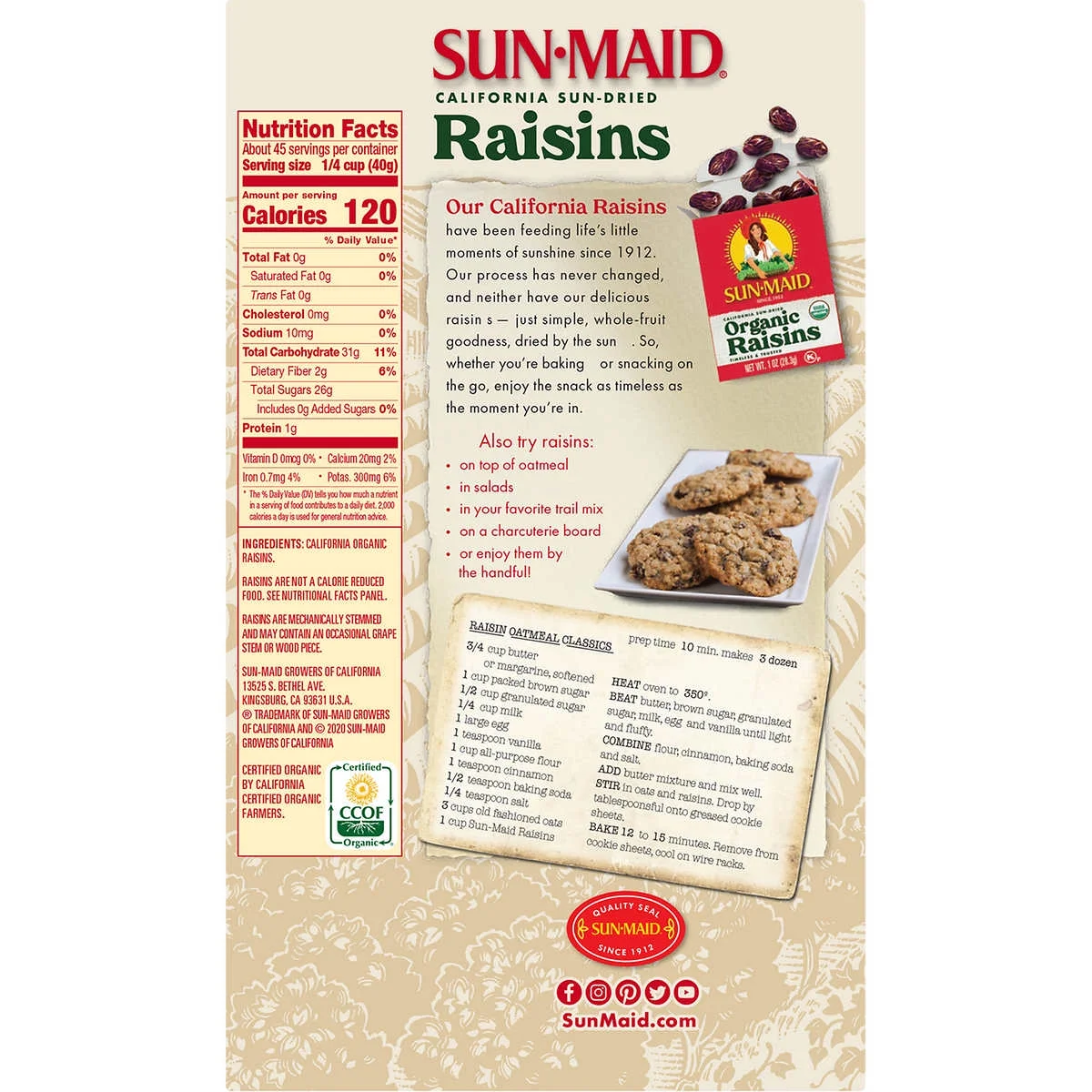 Sun-Maid Organic Raisins, 2 lb Resealable Bag, 100% Natural California Thompson Seedless Raisins, USDA Organic Dried Fruit Snack