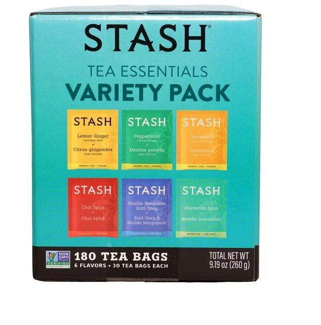 Stash Tea Essentials Variety Pack, 180 Individually Wrapped Tea Bags, 6 Flavor Assortment, Herbal, Black & Green Tea Collection, Non-GMO Project Verified, Kosher, Caffeine-Free & Caffeinated Options