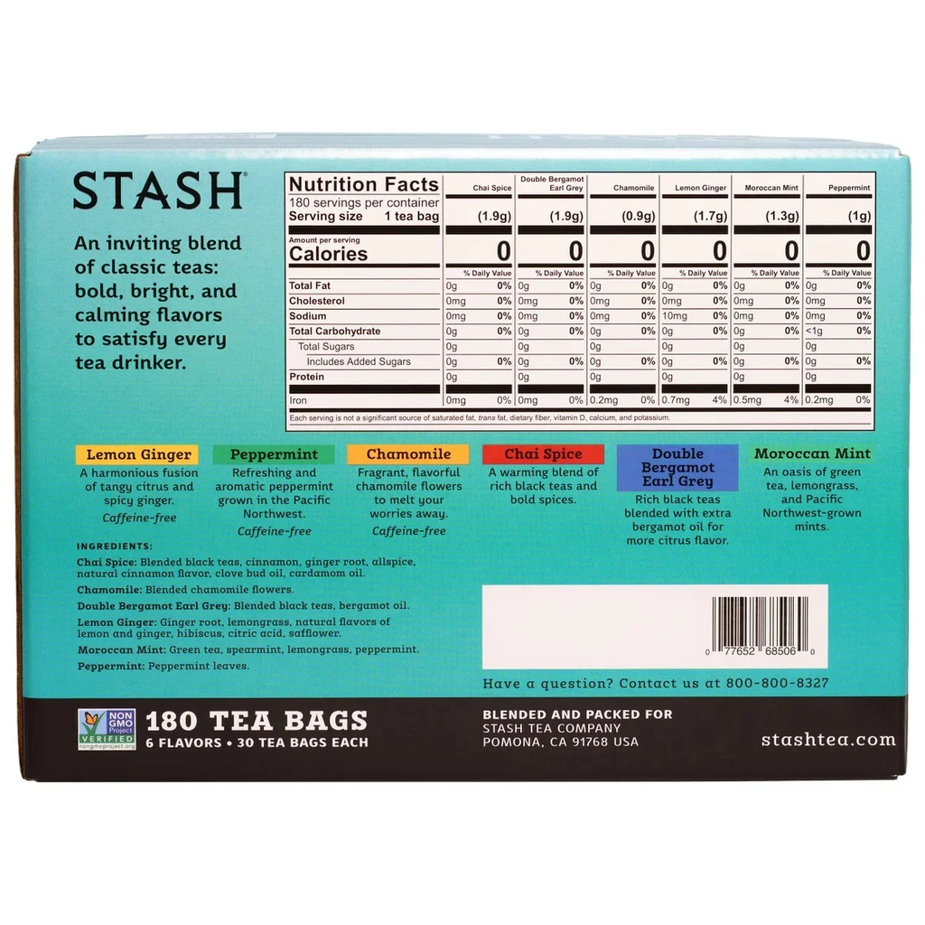 Stash Tea Essentials Variety Pack, 180 Individually Wrapped Tea Bags, 6 Flavor Assortment, Herbal, Black & Green Tea Collection, Non-GMO Project Verified, Kosher, Caffeine-Free & Caffeinated Options