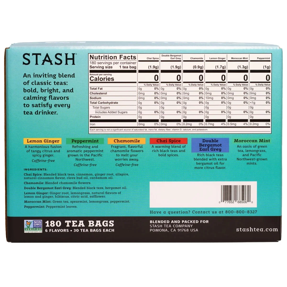 Stash Tea Essentials Variety Pack, 180 Individually Wrapped Tea Bags, 6 Flavor Assortment, Herbal, Black & Green Tea Collection, Non-GMO Project Verified, Kosher, Caffeine-Free & Caffeinated Options