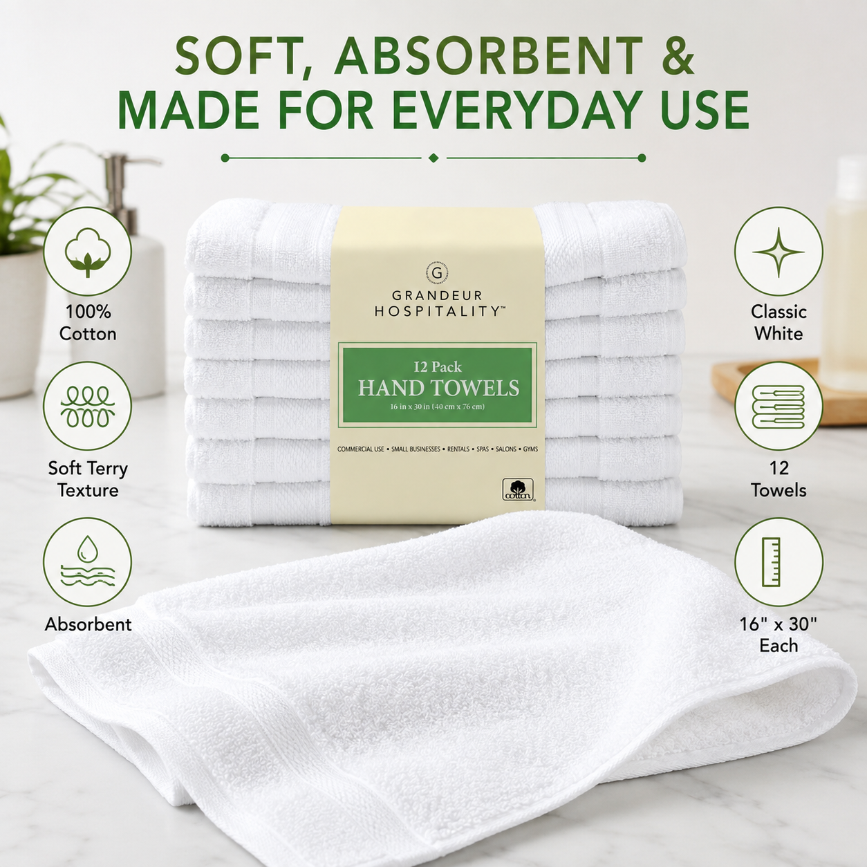 Grandeur Hospitality White Cotton Towels, Bath Towels, Hand Towels & Washcloths, Commercial Hospitality Collection